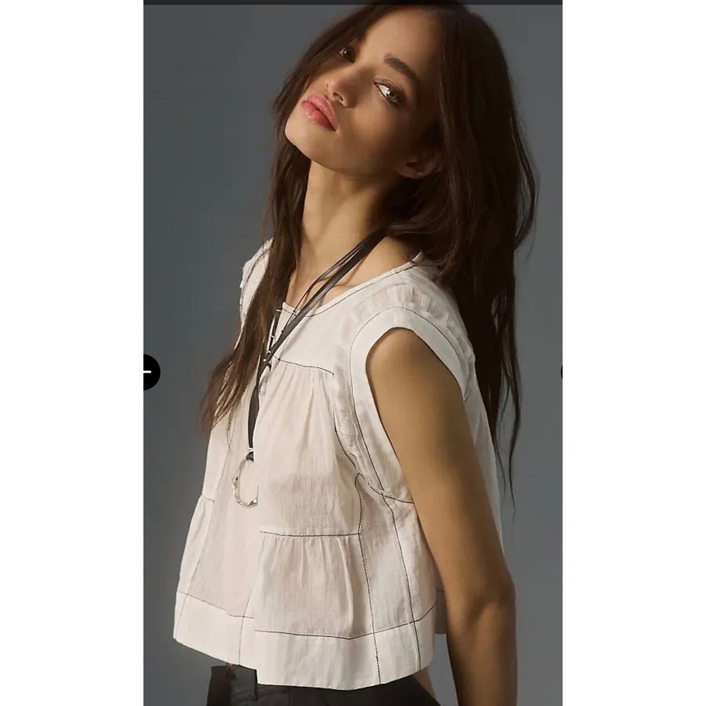 Anthropologie Cap-Sleeve Babydoll Top White Tiered Sleeveless Black Stitch Sz S